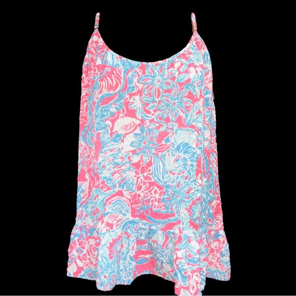 Lilly Pulitzer Coral Pink Blue Sun Ray Ruffled Peplum Tank Top Shirt Cami XL NWT - Picture 6 of 11